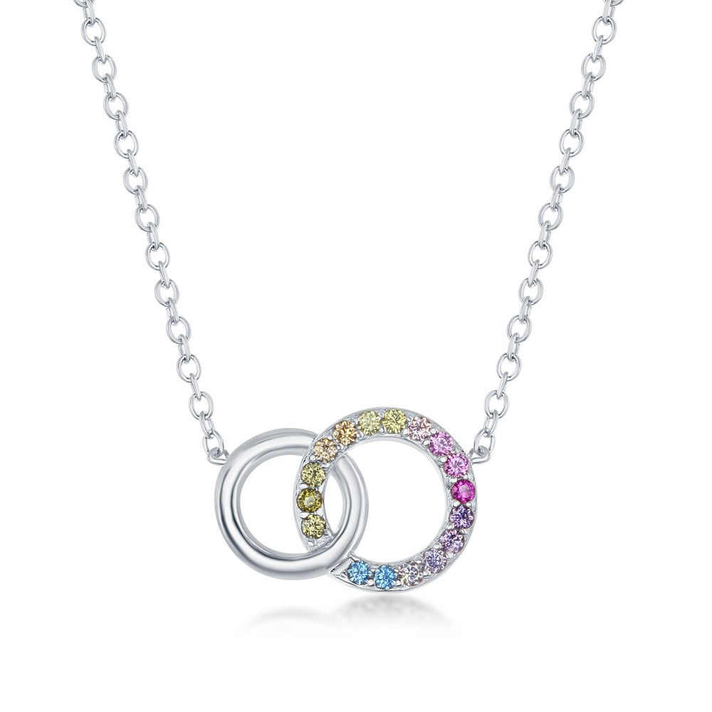 Sterling Silver Rainbow CZ Double Linked Circle Necklace Necklaces