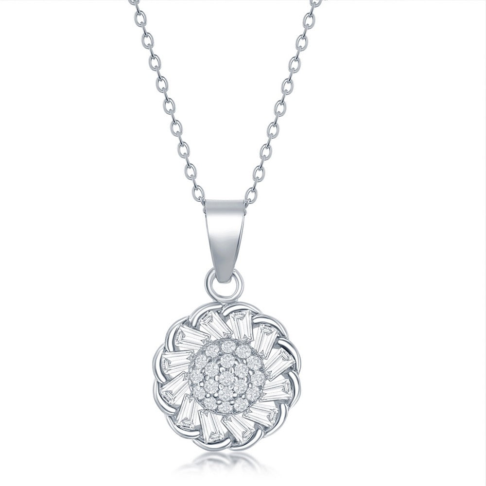 Sterling Silver Micro Pave Center & Baguette CZ Border Flower Design Necklace Necklaces