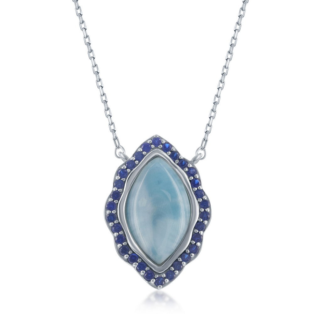 Sterling Silver Marquise Larimar with Spphire CZ Border Necklace Necklaces