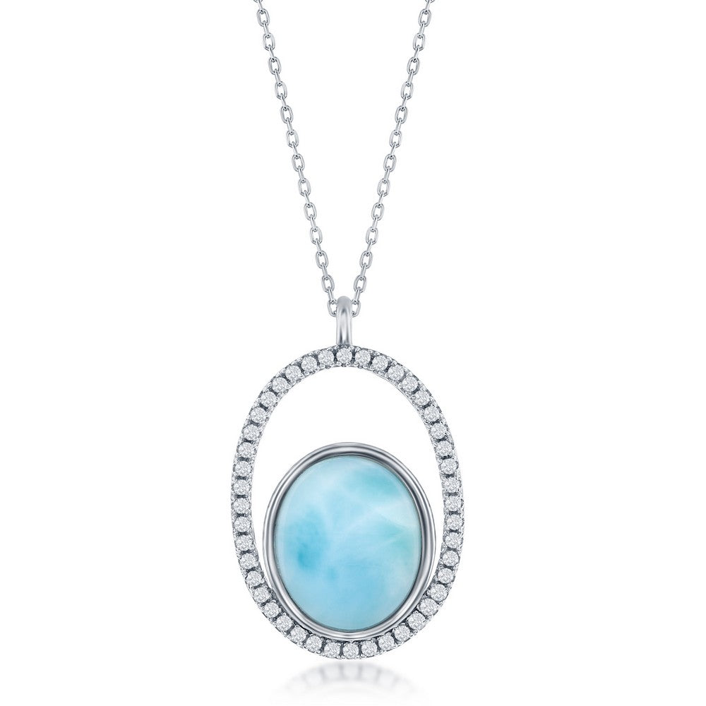 Sterling Silver Oval Larimar with CZ Necklace Necklaces