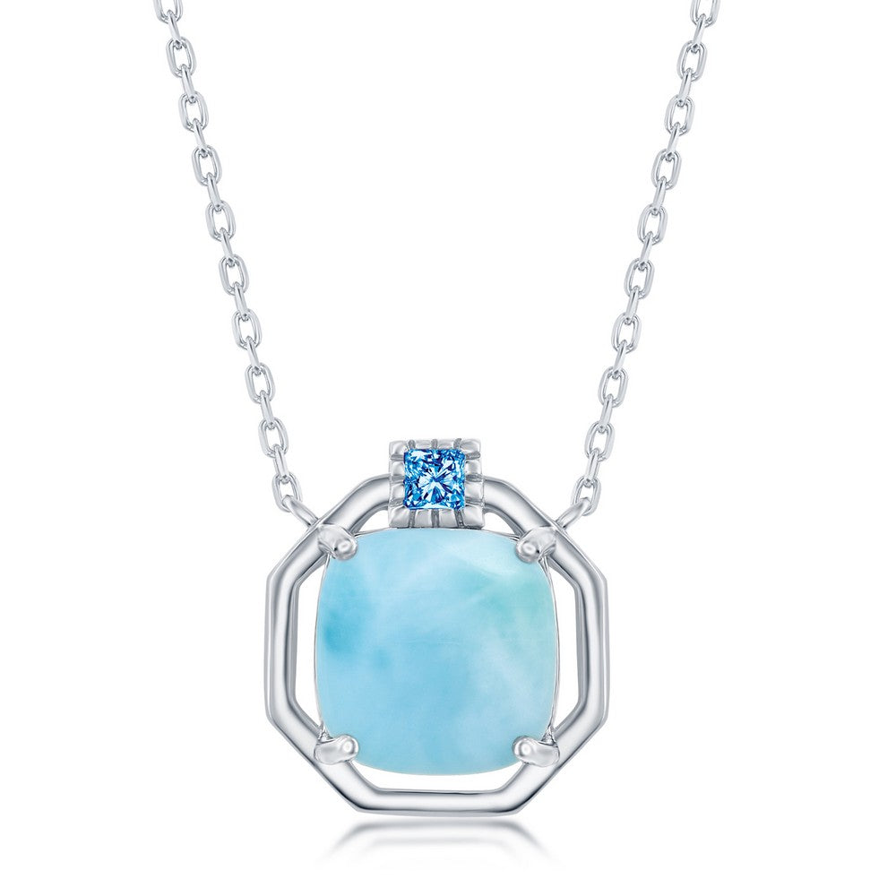 Sterling Silver, Cushion-Cut Larimar with CZ Hexagon Necklace Necklaces