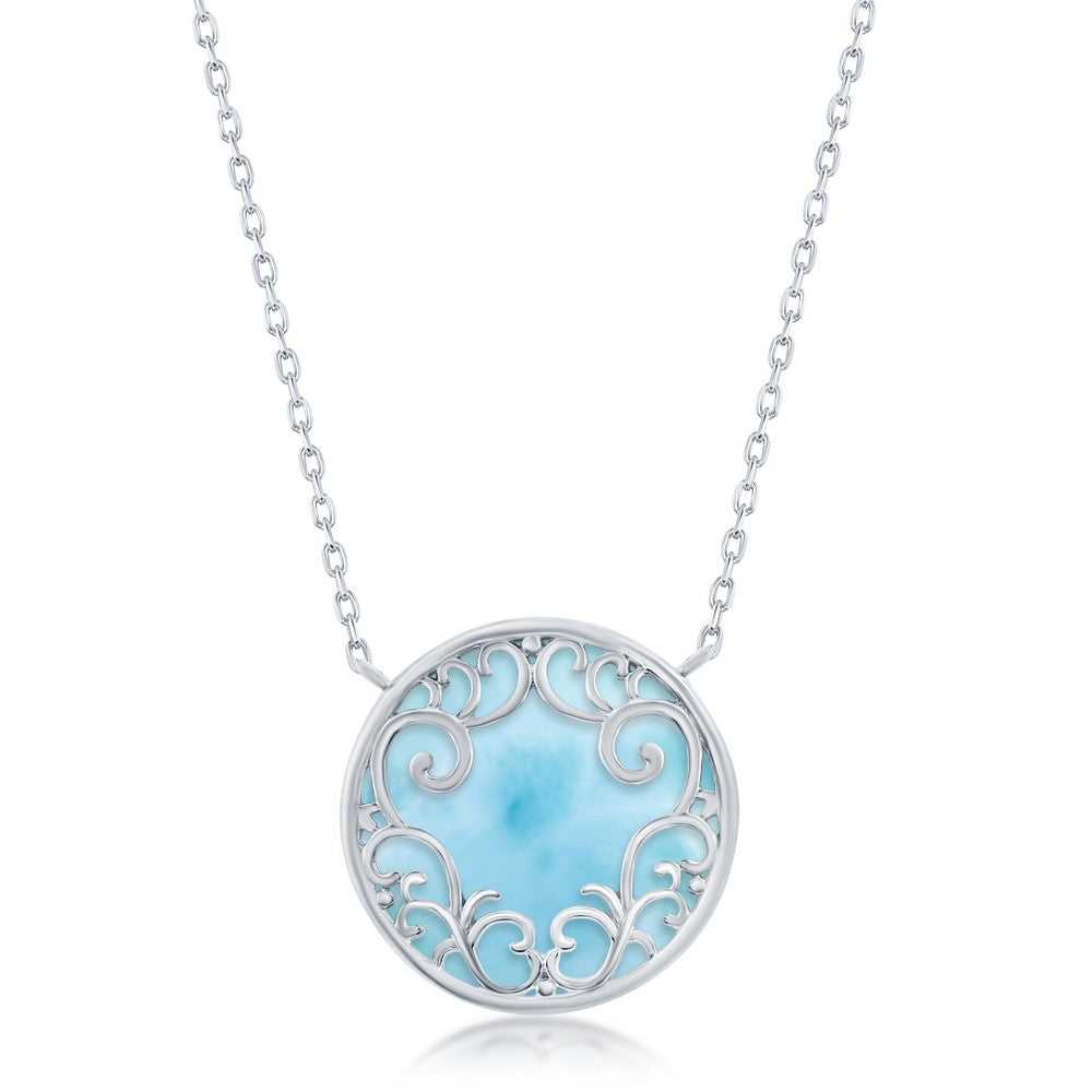 Sterling Silver Round Larimar Filigree Design Necklace Necklaces