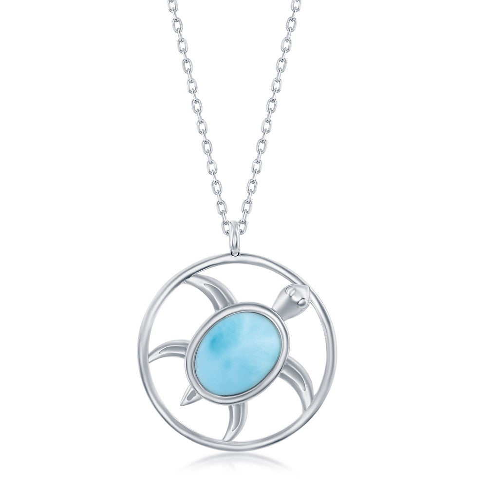 Sterling Silver Oval Larimar Turtle Round Necklace Necklaces