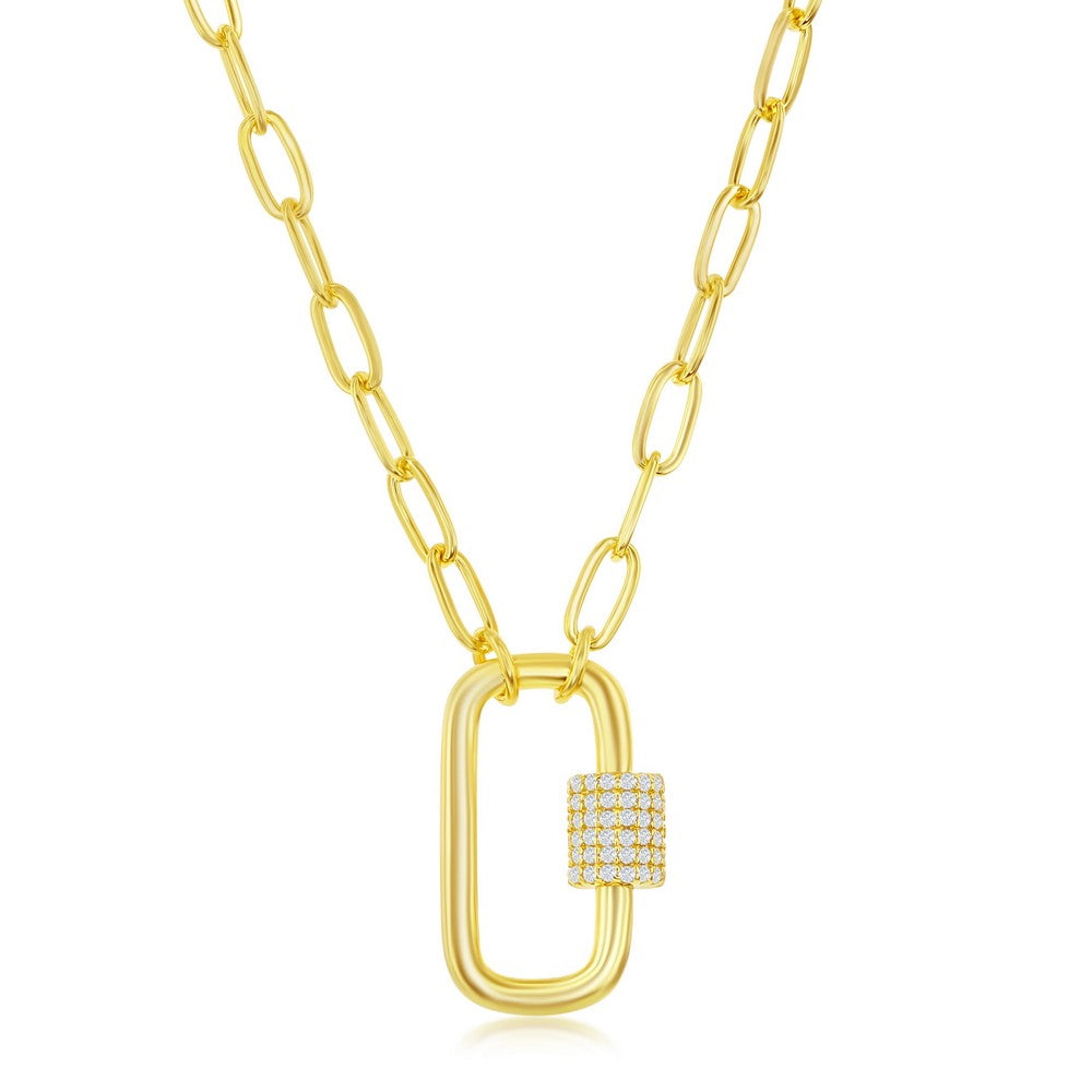 Sterling Silver Micro Pave CZ Oval Carabiner Paperclip Necklace - Gold Plated Necklaces