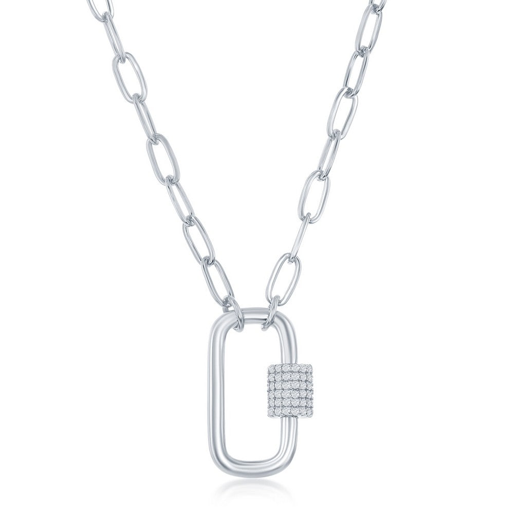 Sterling Silver Micro Pave CZ Oval Carabiner Paperclip Necklace Necklaces