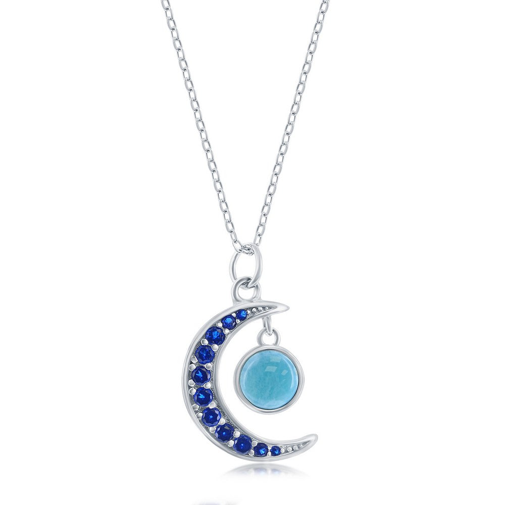 Sterling Silver Blue CZ Moon & Round Larimar Necklace Necklaces