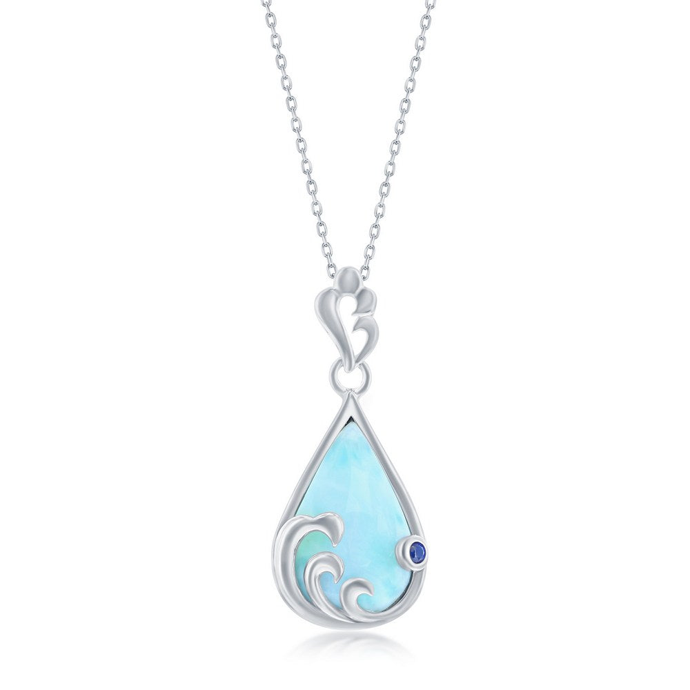 Sterling Silver Larimar & Blue CZ Pearshaped Wave Design Necklace Necklaces