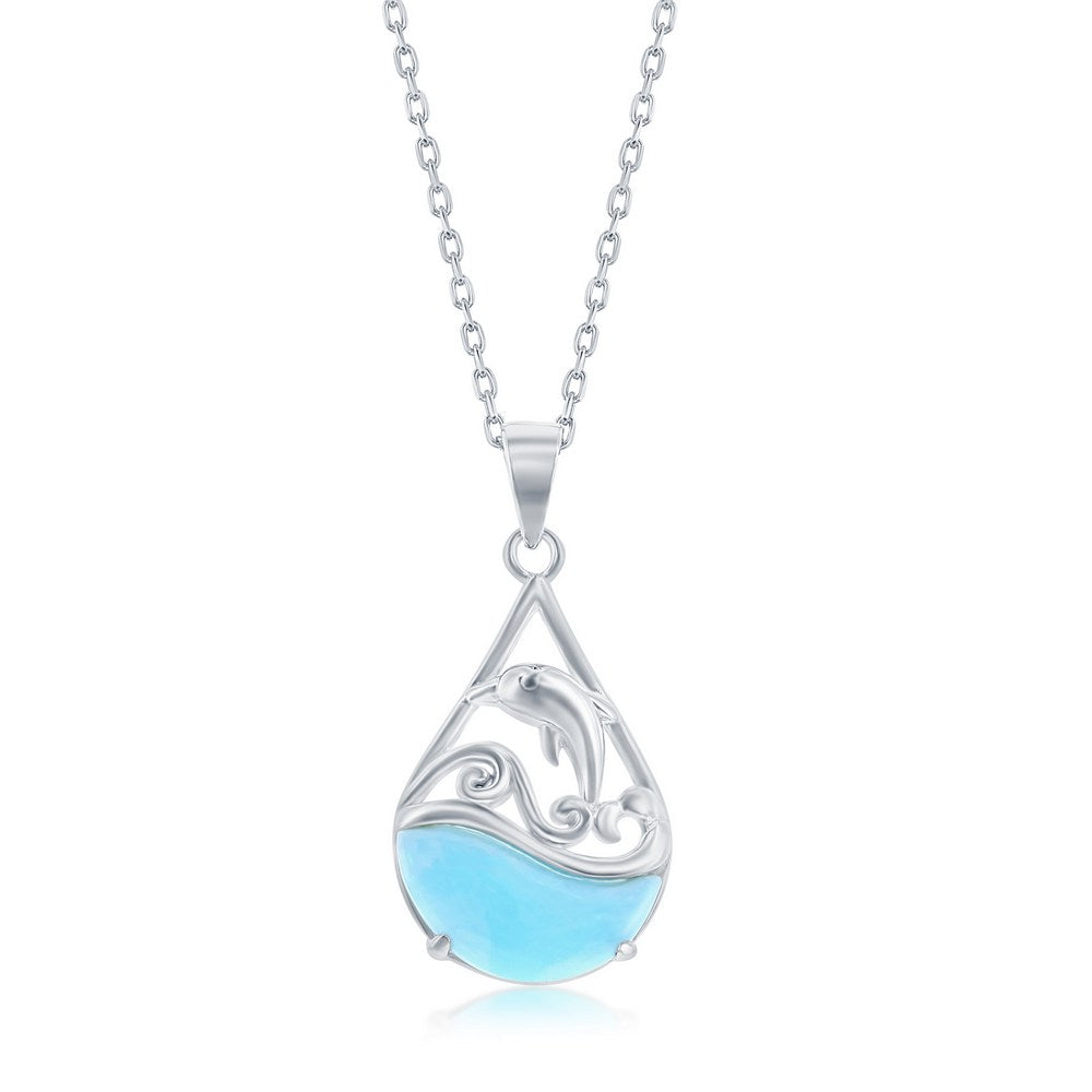 Sterling Silver, Leaping Dolphin Pearshaped Larimar Necklace Necklaces