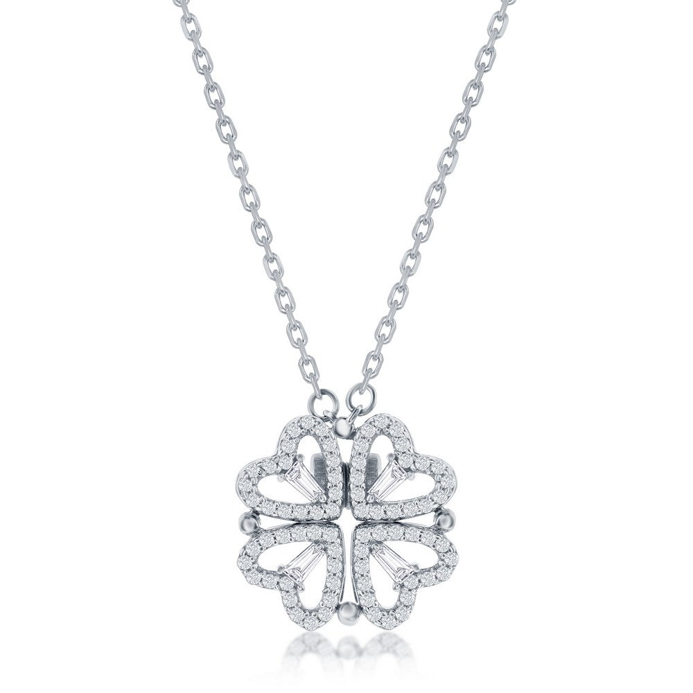 Sterling Silver Heart Shaped CZ Flower Necklace Necklaces