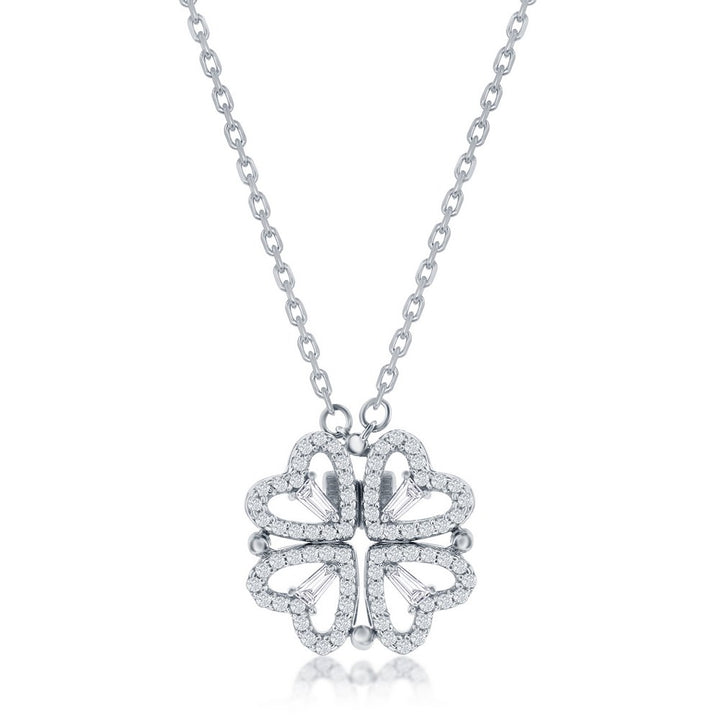 Sterling Silver Heart Shaped CZ Flower Necklace Necklaces