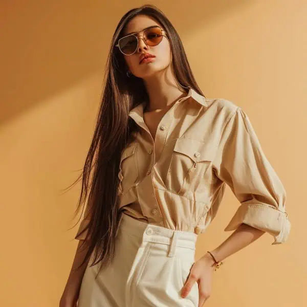 Woman wearing a beige shirt and sunglasses against a warm-toned background