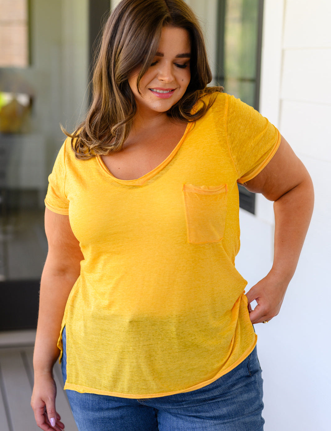 Melange Burnout V-Neck T-Shirt in Yellow Gold Tops