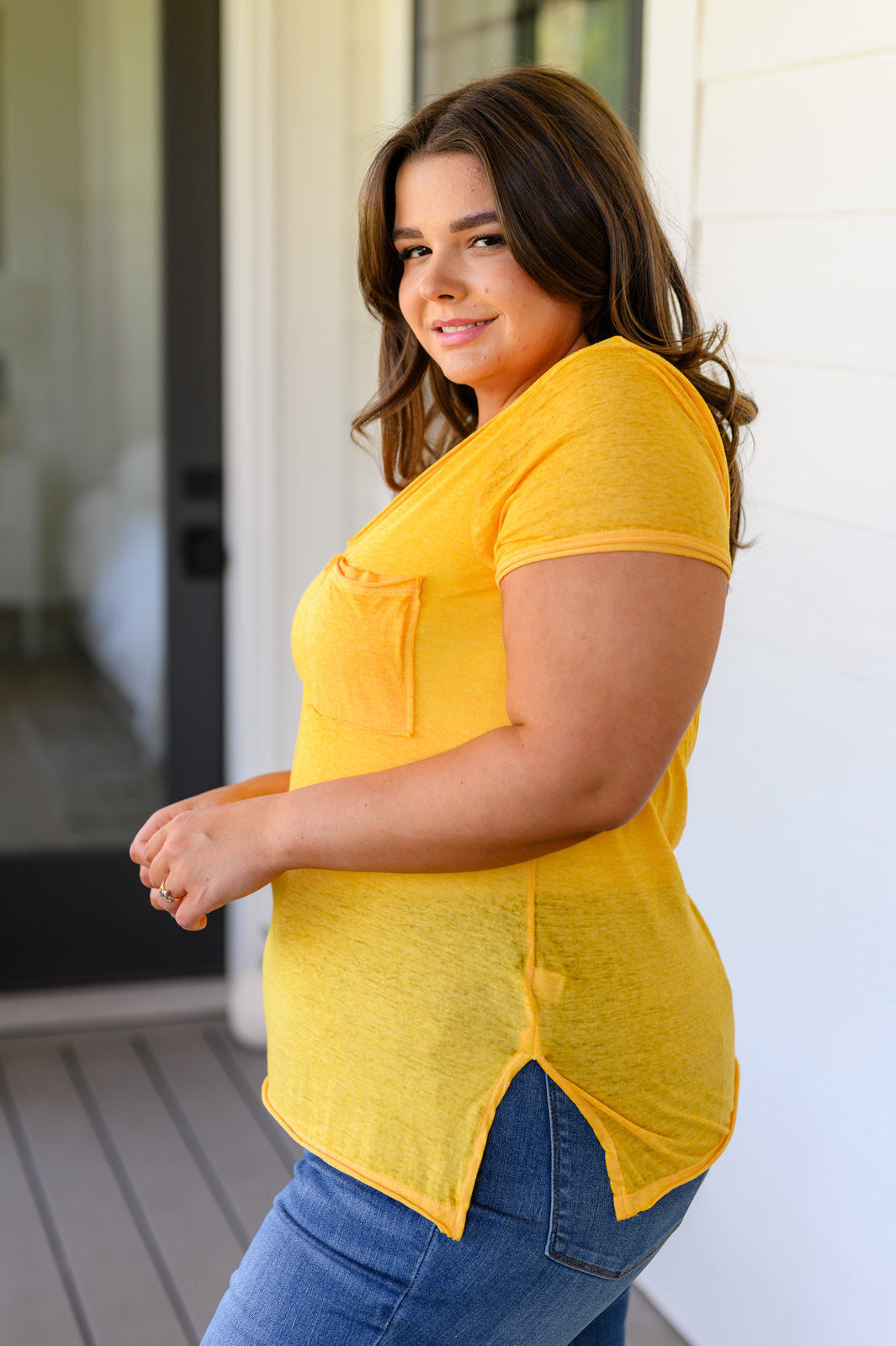 Melange Burnout V-Neck T-Shirt in Yellow Gold Tops