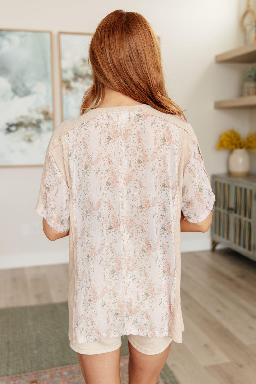 Mention Me Floral Accent Top in Toasted Almond Shirts & Tops