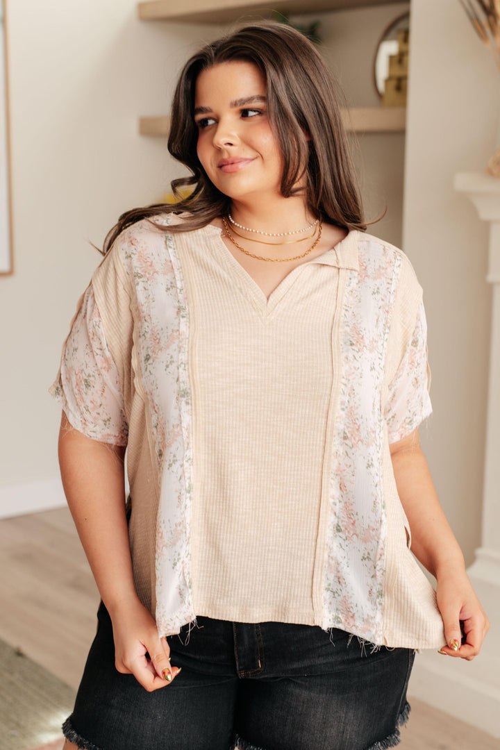 Mention Me Floral Accent Top in Toasted Almond Shirts & Tops