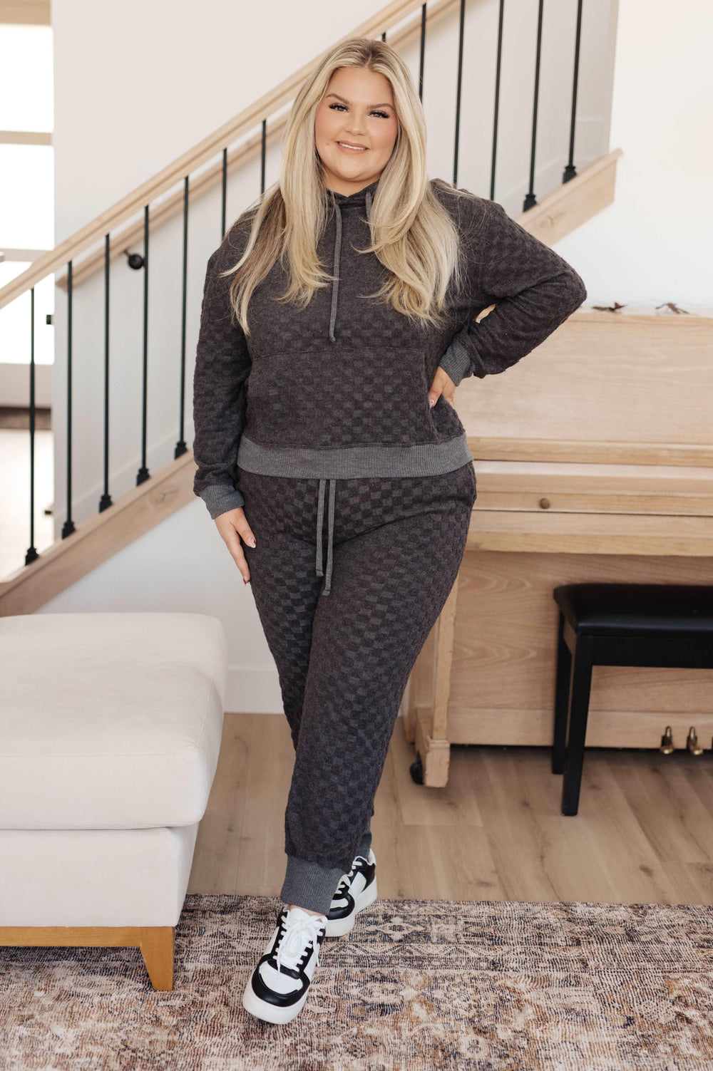 Checkered Hooded Top and Pants Loungewear Set Pants Sets
