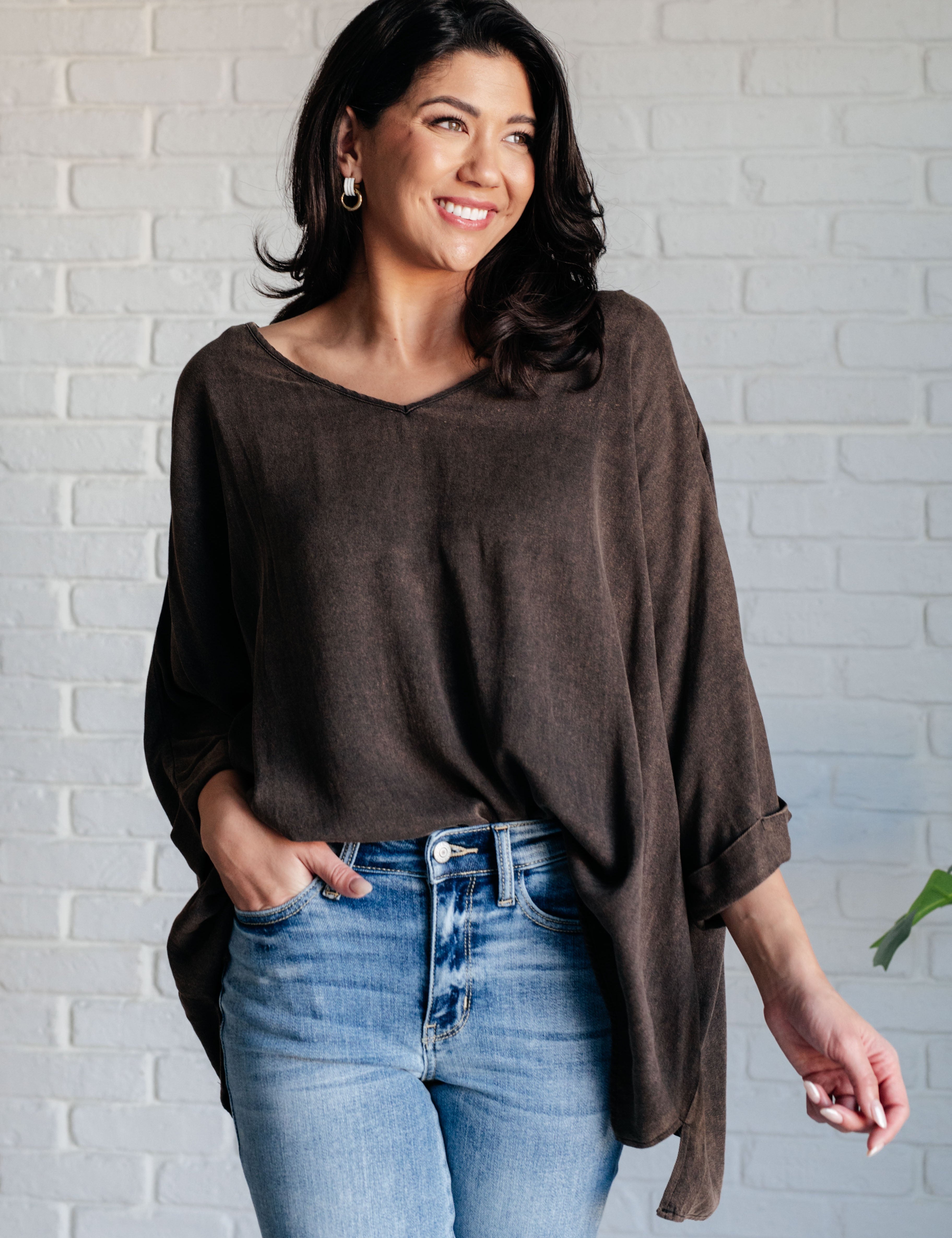 Andree by Unit V-Neck Mineral Washed Oversized Top | Tops Daverri Fashions