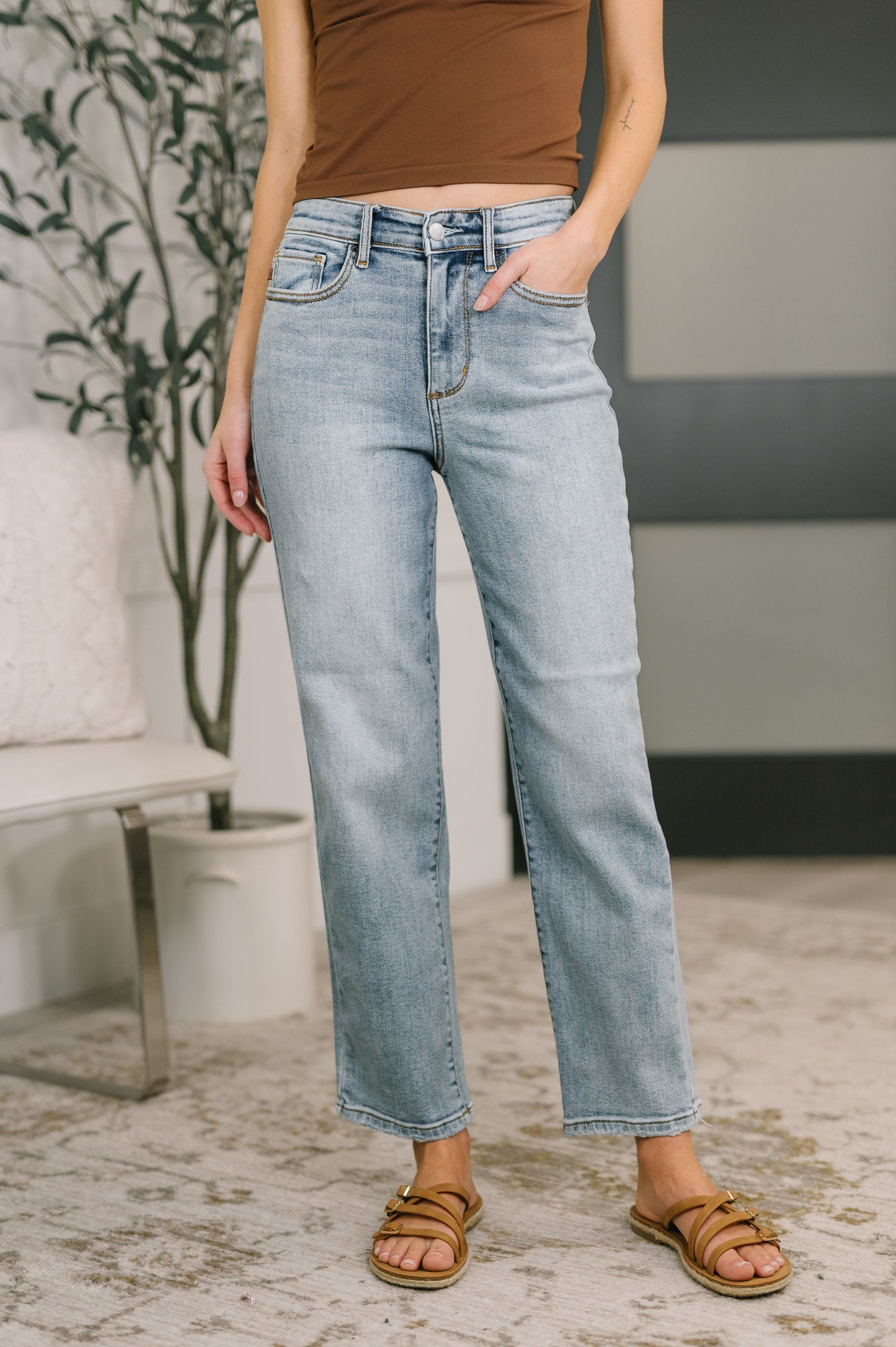 Natalie High Waist Ankle Straight light-wash denim jeans with rolled cuffs
