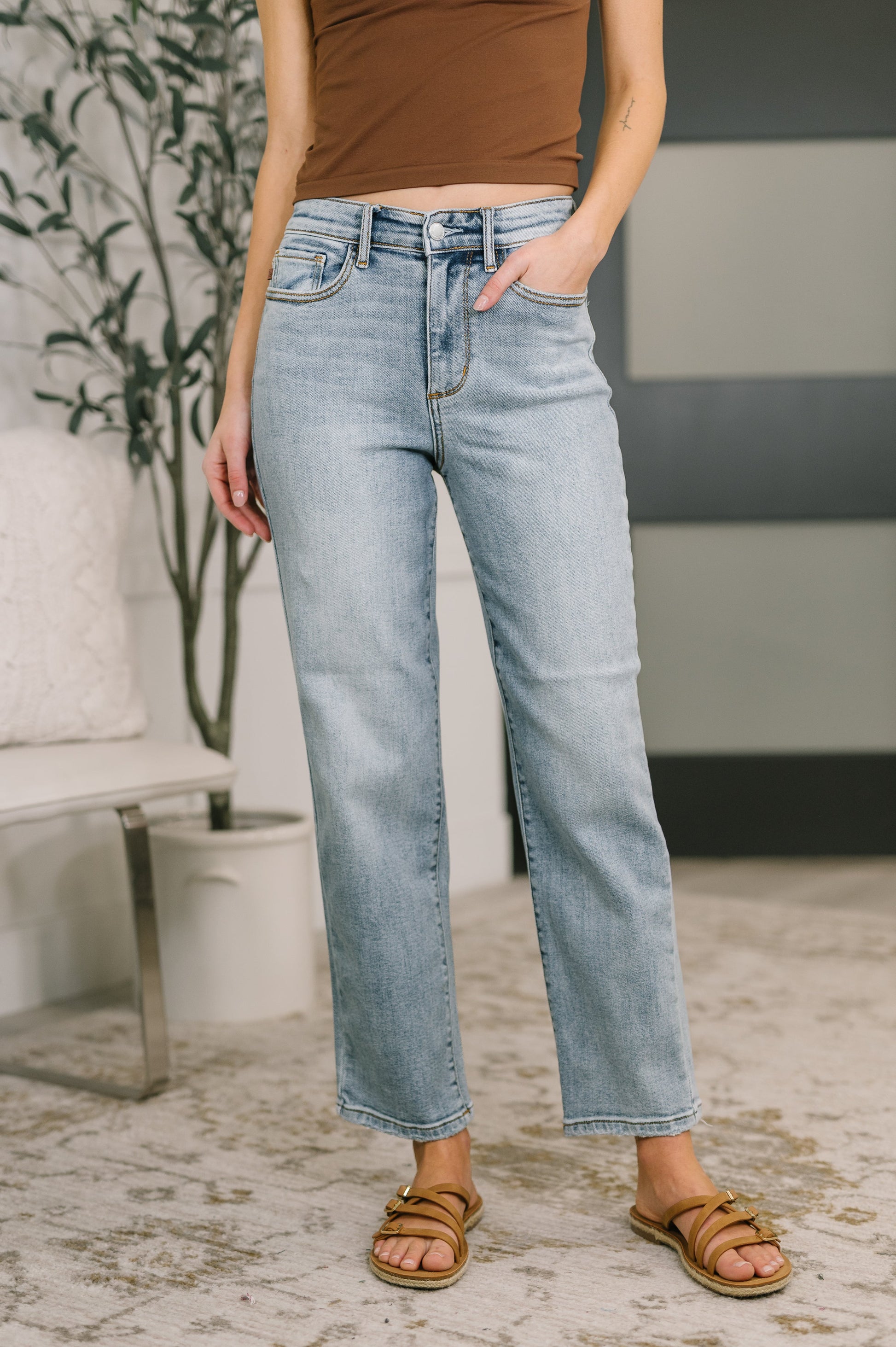 Natalie High Waist Ankle Straight light-wash denim jeans with rolled cuffs