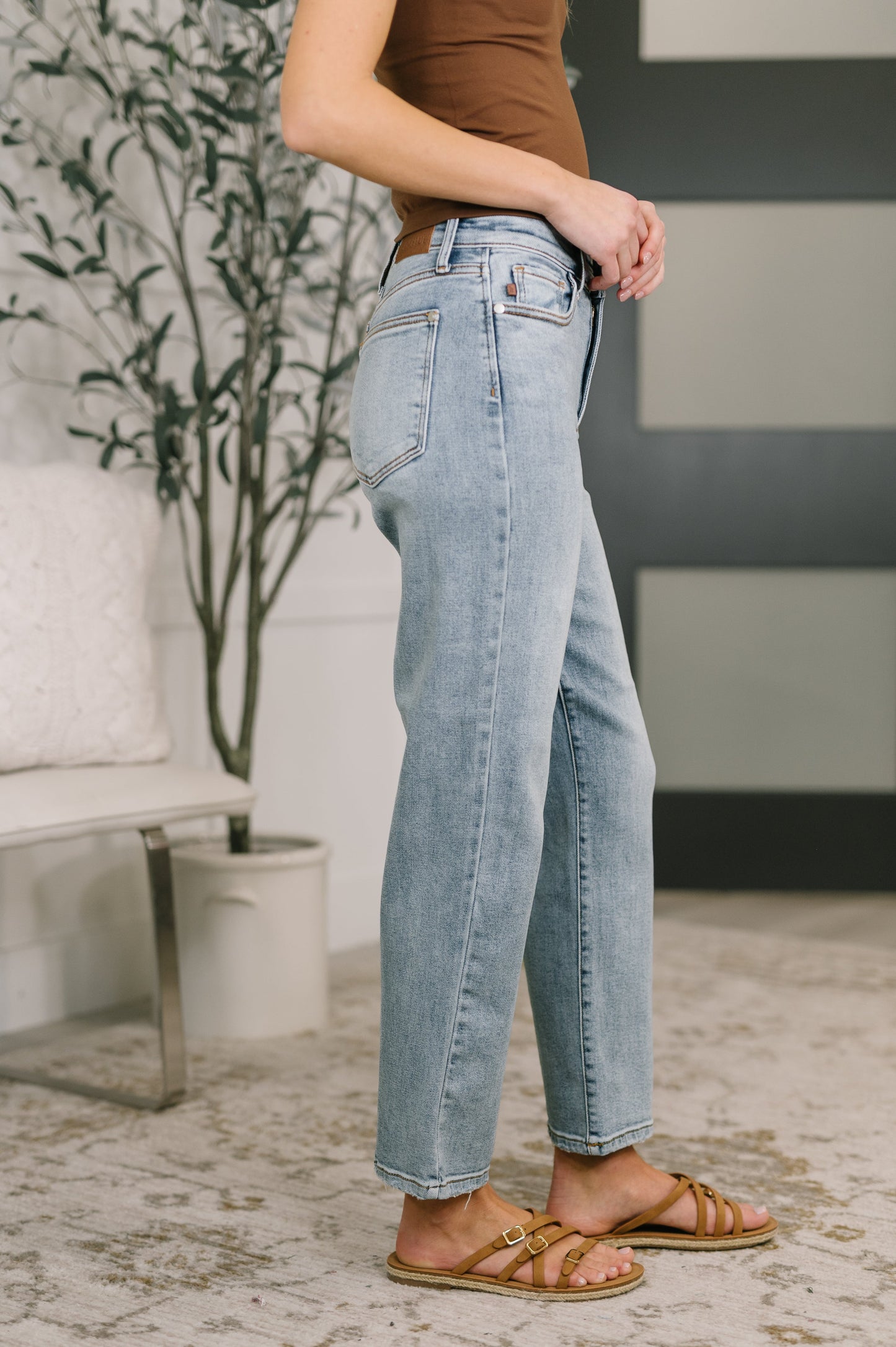 Natalie High Waist Ankle Straight light-wash denim jeans with frayed hems
