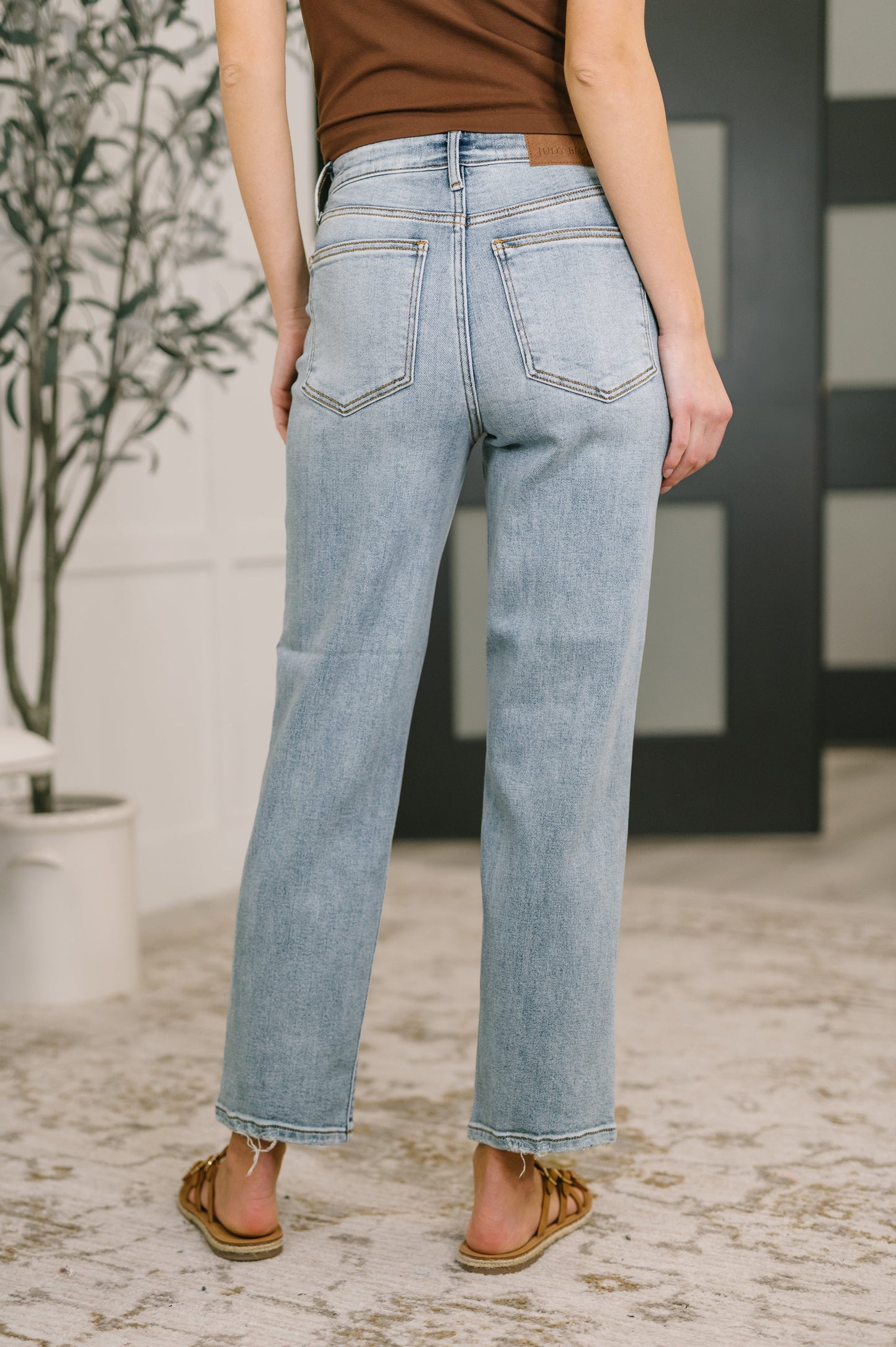 Natalie High Waist Ankle Straight light-wash denim jeans with frayed hems