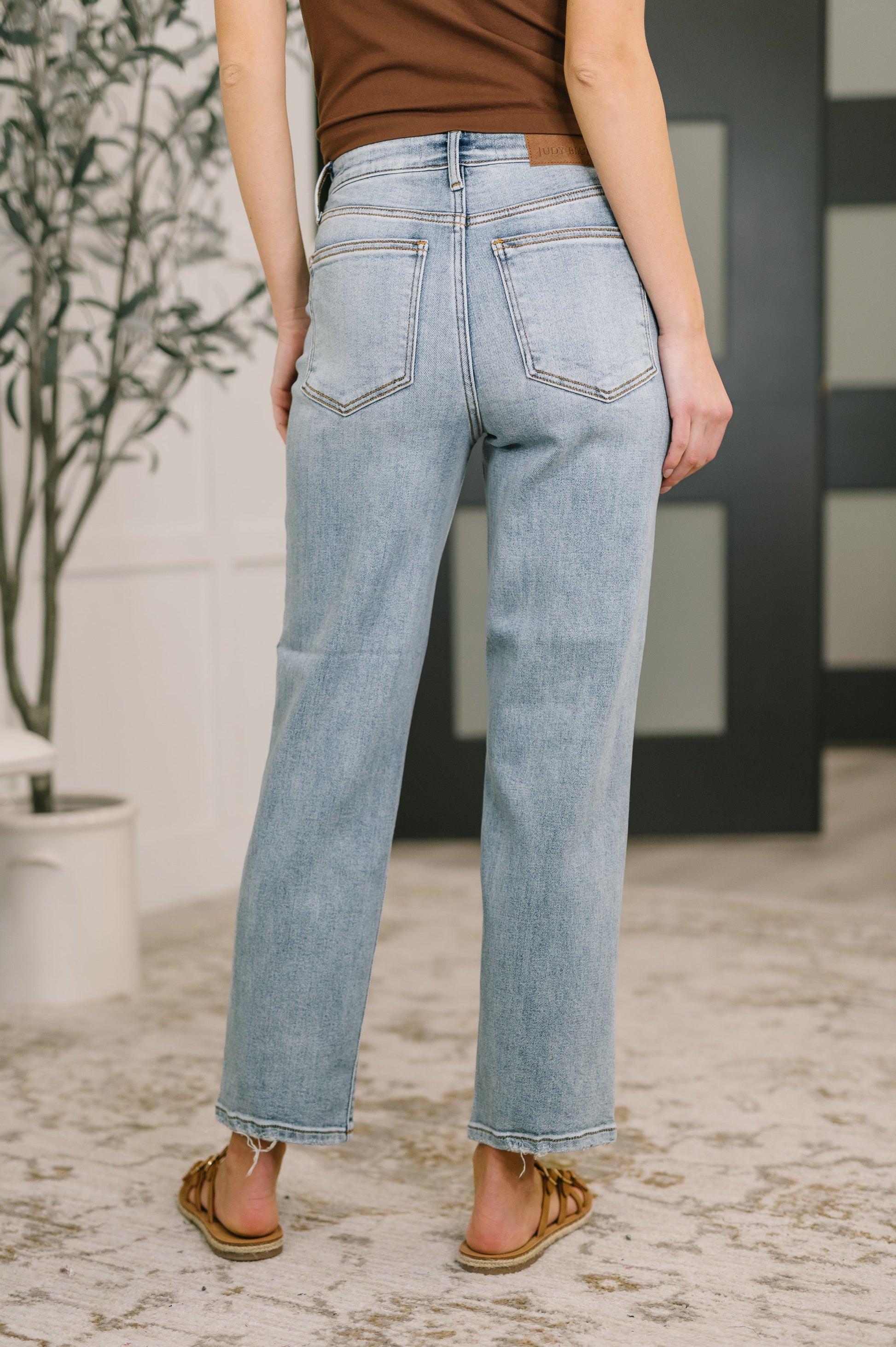 Natalie High Waist Ankle Straight light-wash denim jeans with frayed hems