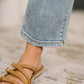 Tan leather-strap flat sandals with gold buckles for Natalie pants