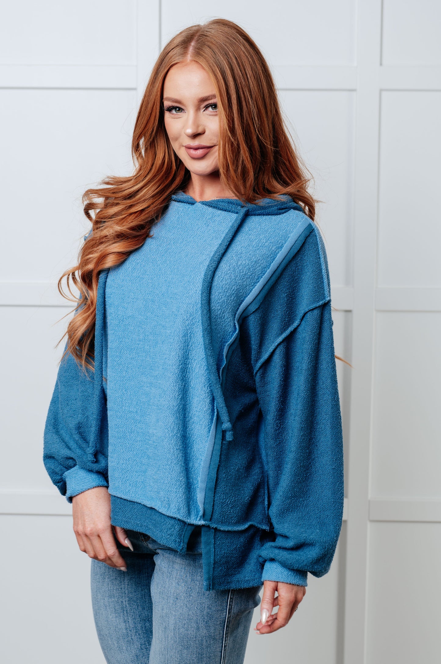 Cozy medium-blue Needs Some Logic Color Block Hoodie with ruffled knit front