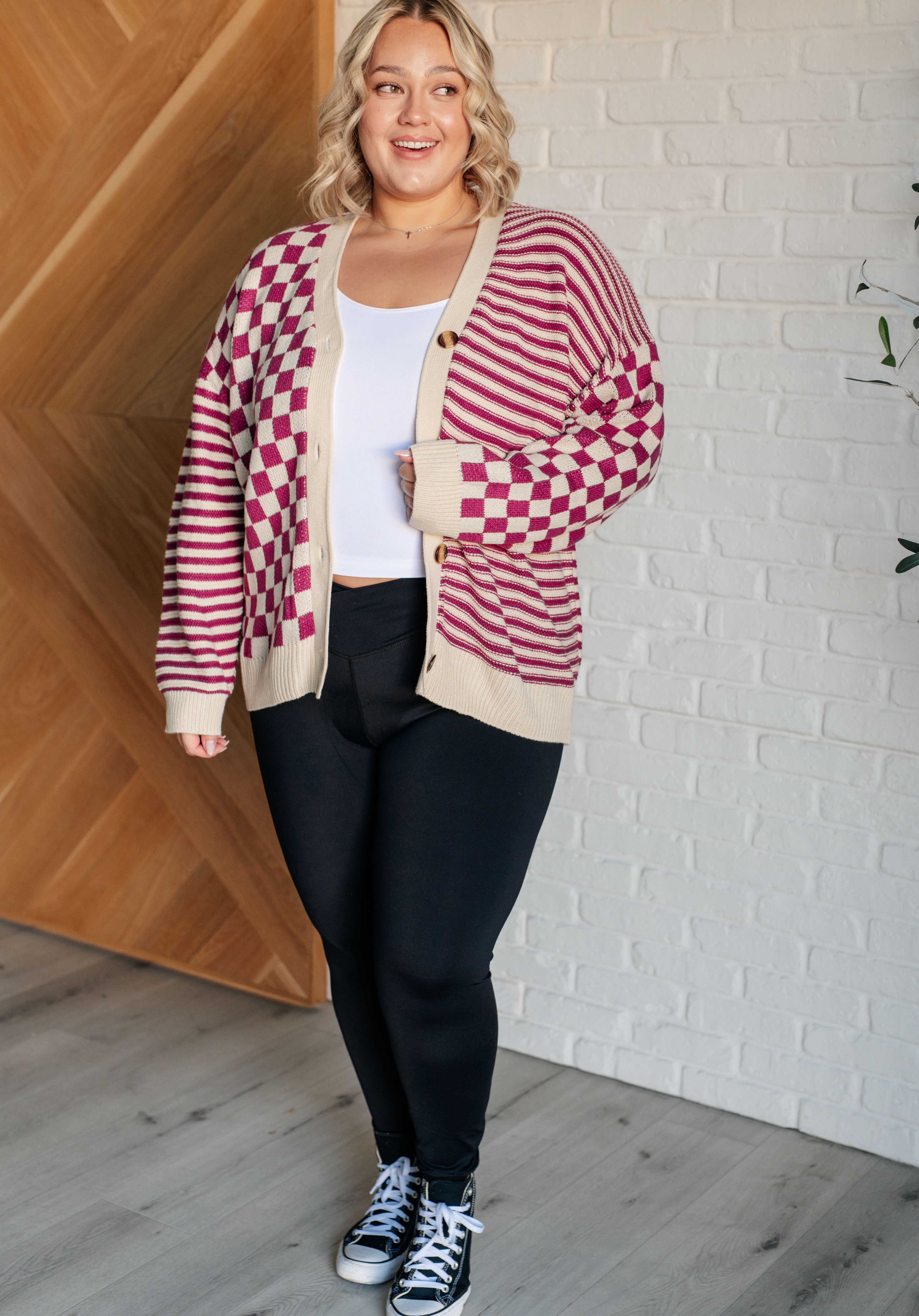 Button Down Sweater Knit Cardigan in Magenta/Oatmeal Cardigans