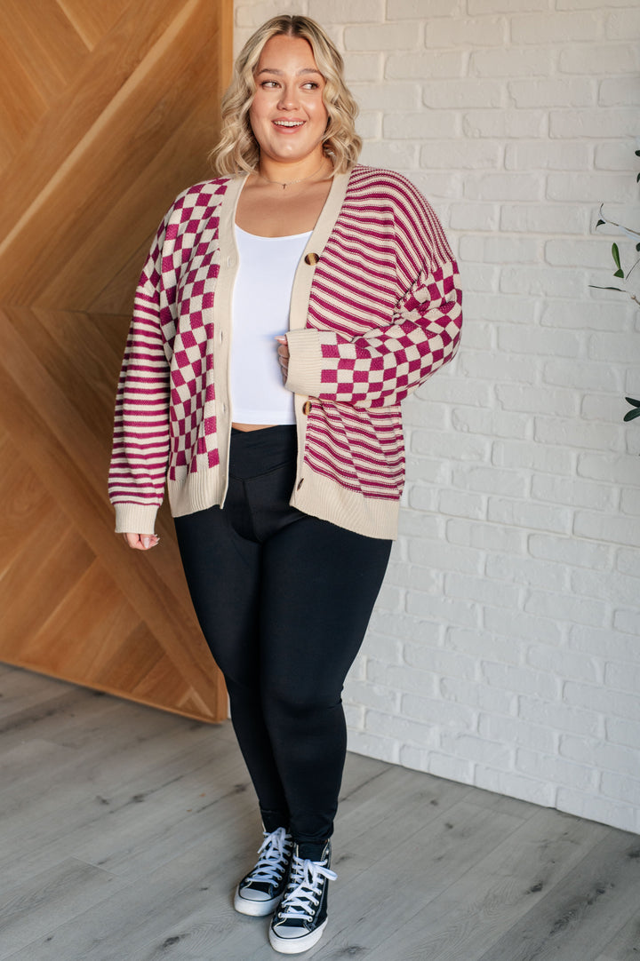 Button Down Sweater Knit Cardigan in Magenta/Oatmeal Cardigans