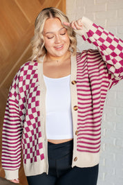 Button Down Sweater Knit Cardigan in Magenta/Oatmeal Cardigans