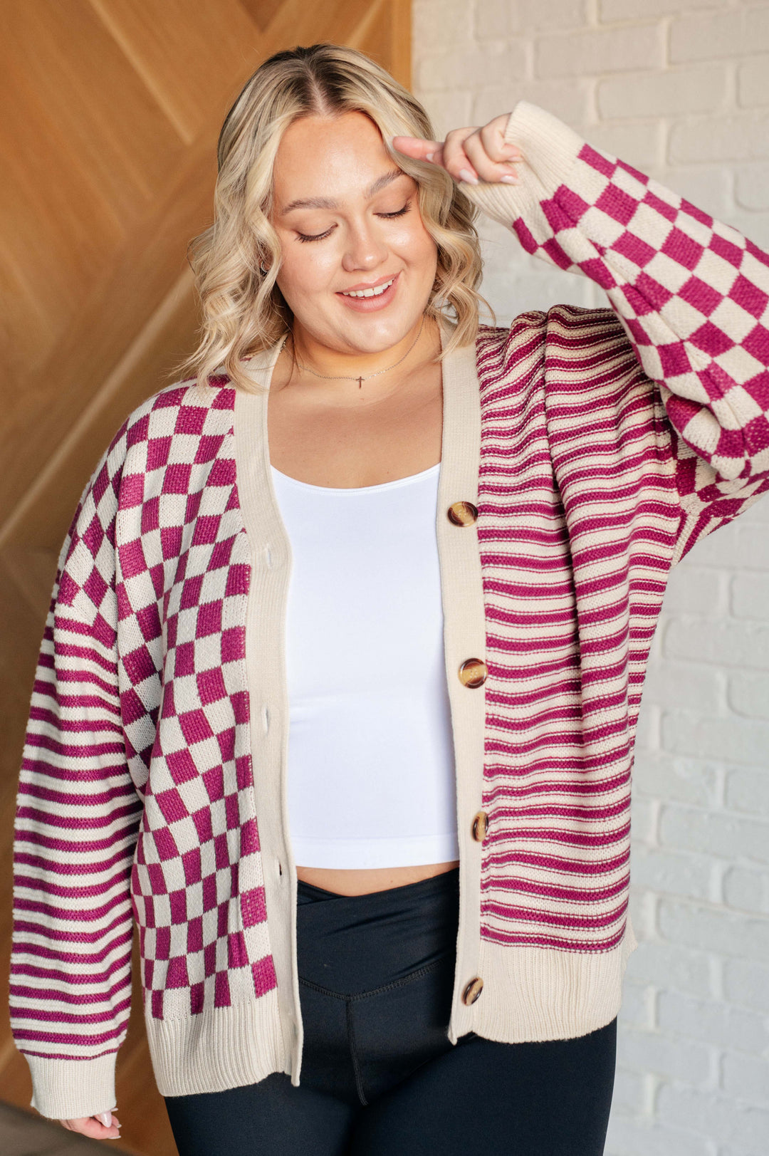 Button Down Sweater Knit Cardigan in Magenta/Oatmeal Cardigans