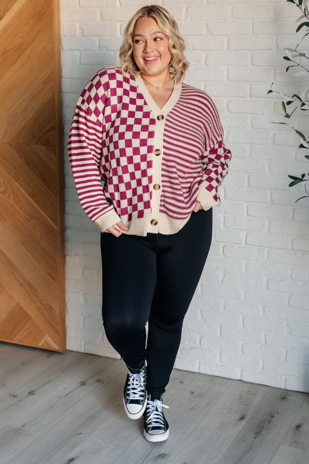 Button Down Sweater Knit Cardigan in Magenta/Oatmeal Cardigans