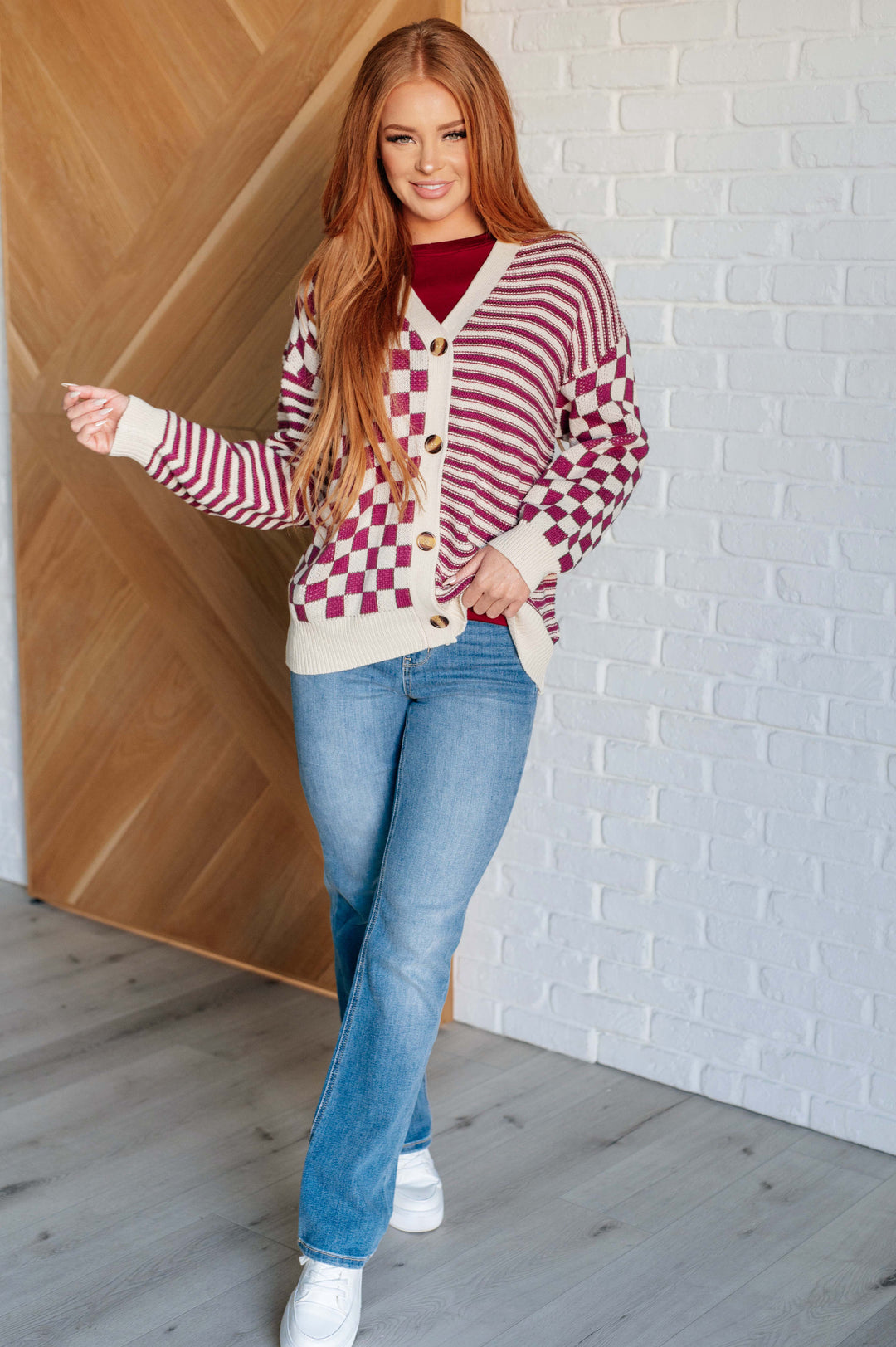 Button Down Sweater Knit Cardigan in Magenta/Oatmeal Cardigans