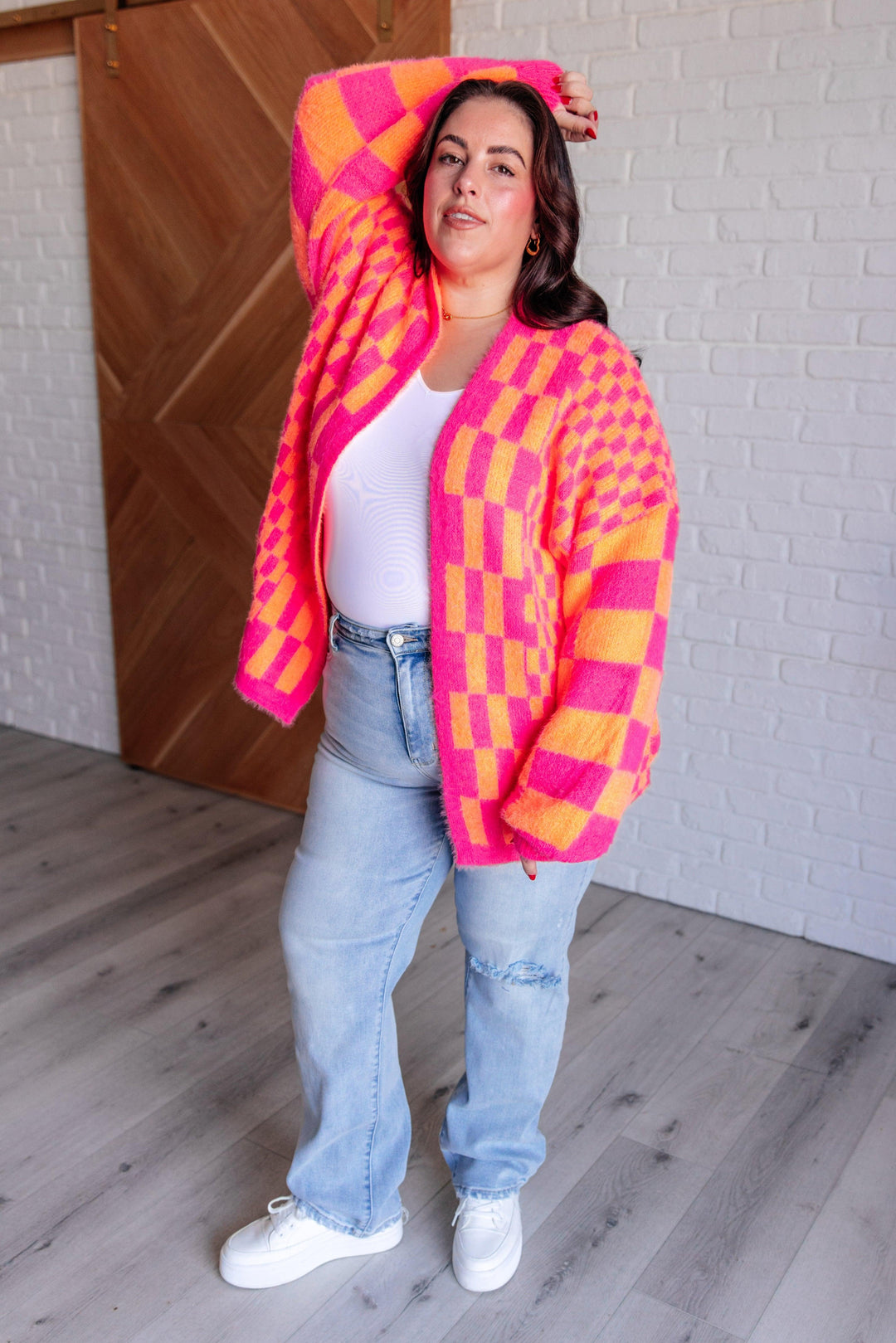 Noticed in Neon Checkered Cardigan in Pink and Orange Layers