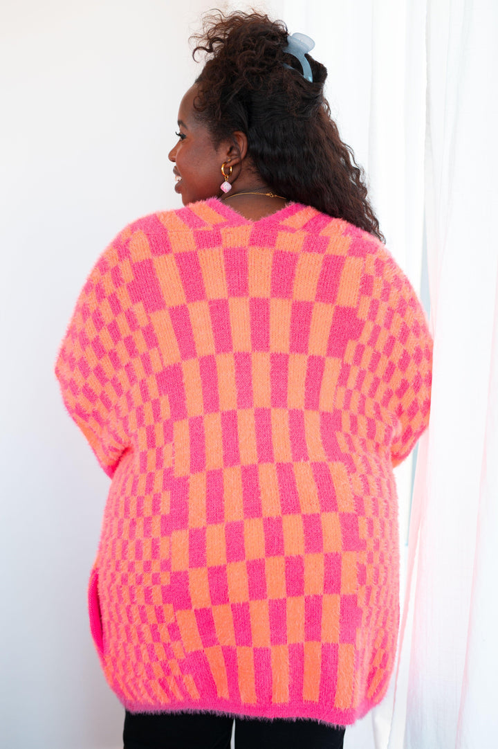 Noticed in Neon Checkered Cardigan in Pink and Orange Layers