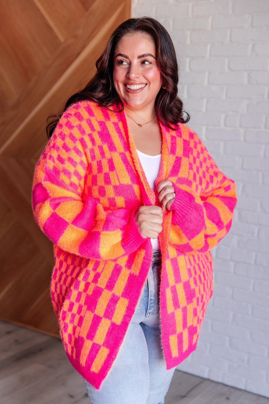 Noticed in Neon Checkered Cardigan in Pink and Orange Layers