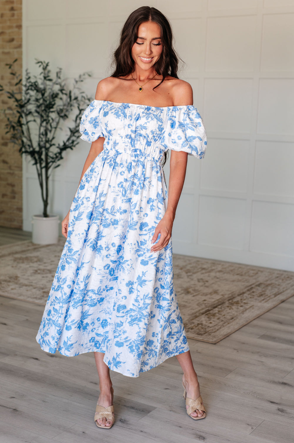 Nurturing Myself Square Neck Floral Dress in Blue Midi Dresses