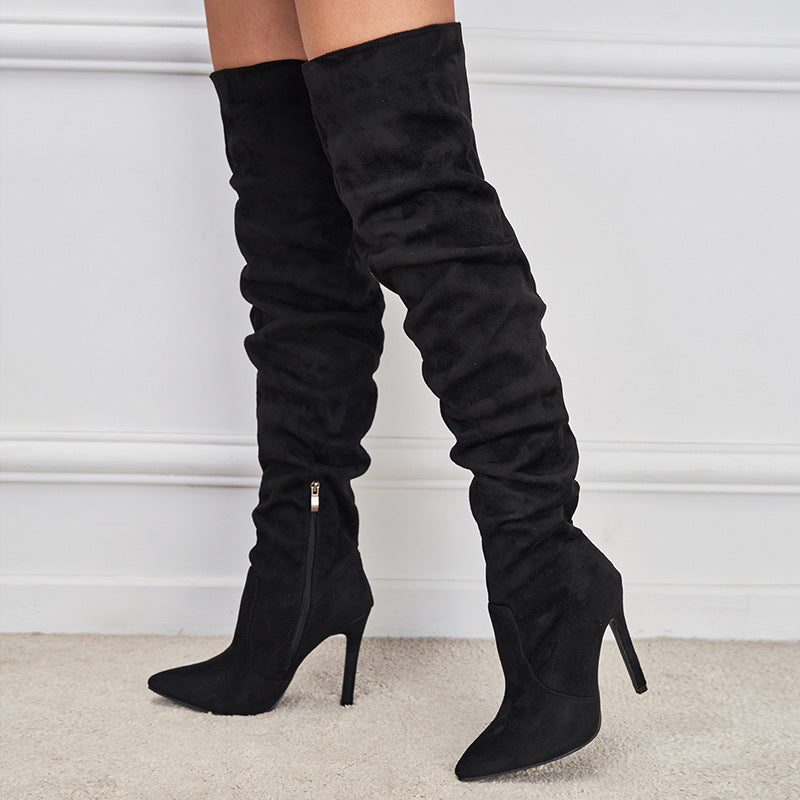 Black Pointed Toe Suede High Zipper Stiletto Heel Boots | Boots Daverri Fashions