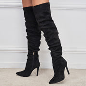 Black Pointed Toe Suede High Zipper Stiletto Heel Boots | Boots Daverri Fashions