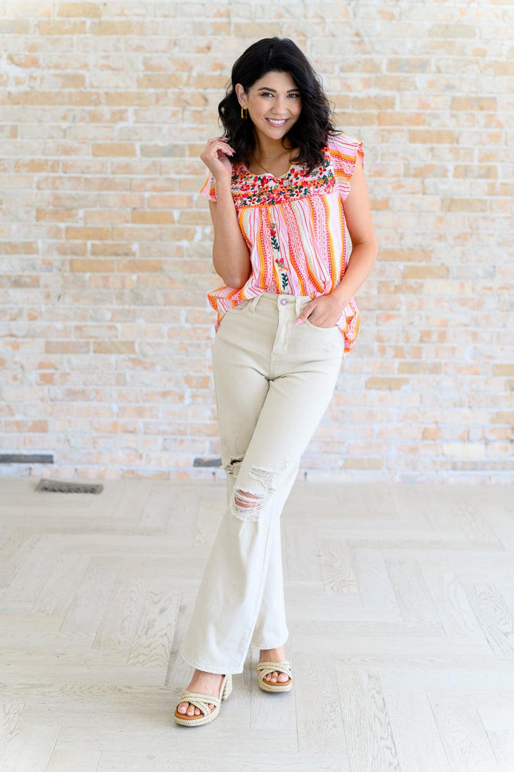 Orange Blossoms Flutter Sleeve Blouse Tops