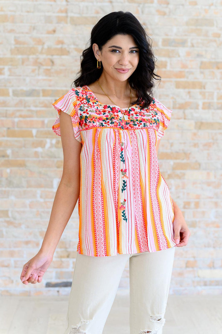 Orange Blossoms Flutter Sleeve Blouse Tops