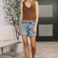 Paige High Waist Shorts with brown sleeveless scoop neck top
