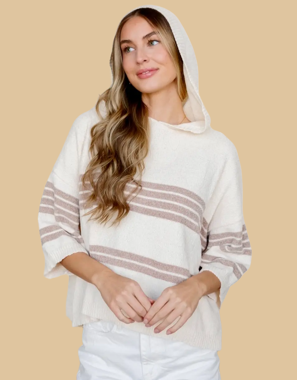 White Birch Full Size Sweater Knit Striped Hoodie