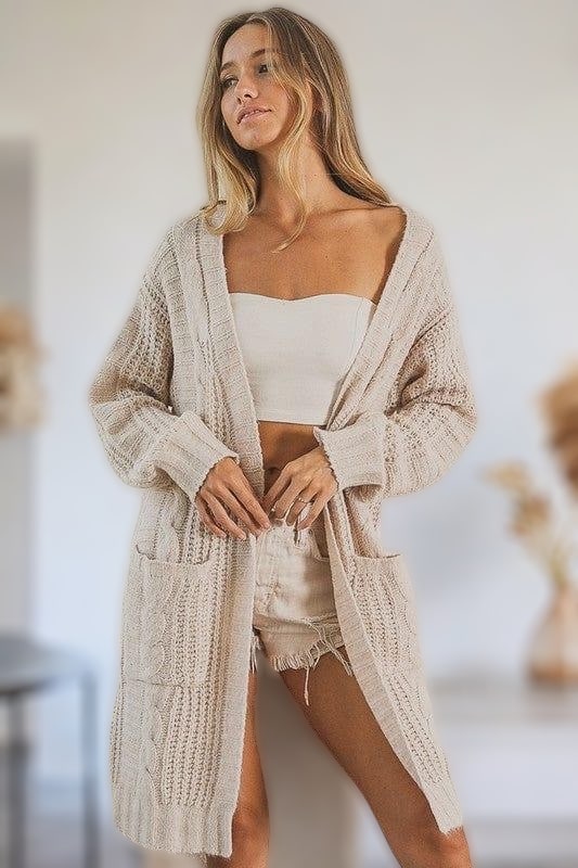 Twist Knitted Open Front Cardigan With Pockets