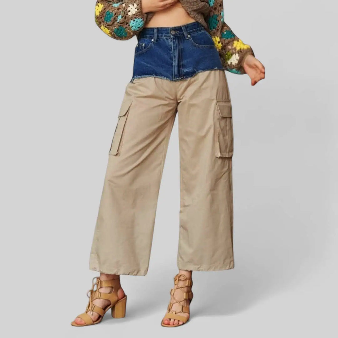 Davi & Dani Denim Patchwork Wide Leg Pants with Cargo Pockets Bottoms