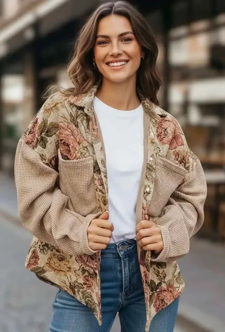 Floral Waffle Knit Patchwork Chest Pockets Buttoned Jacket - DAVERRI FASHIONS