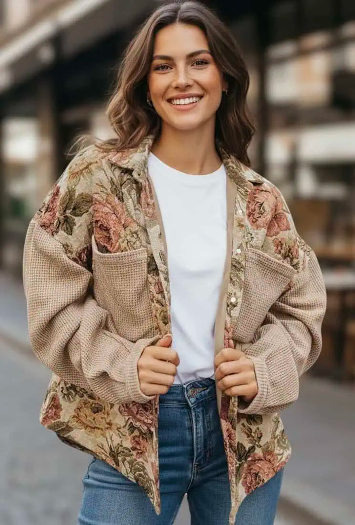 Floral Waffle Knit Patchwork Chest Pockets Buttoned Jacket | Jackets Daverri Fashions