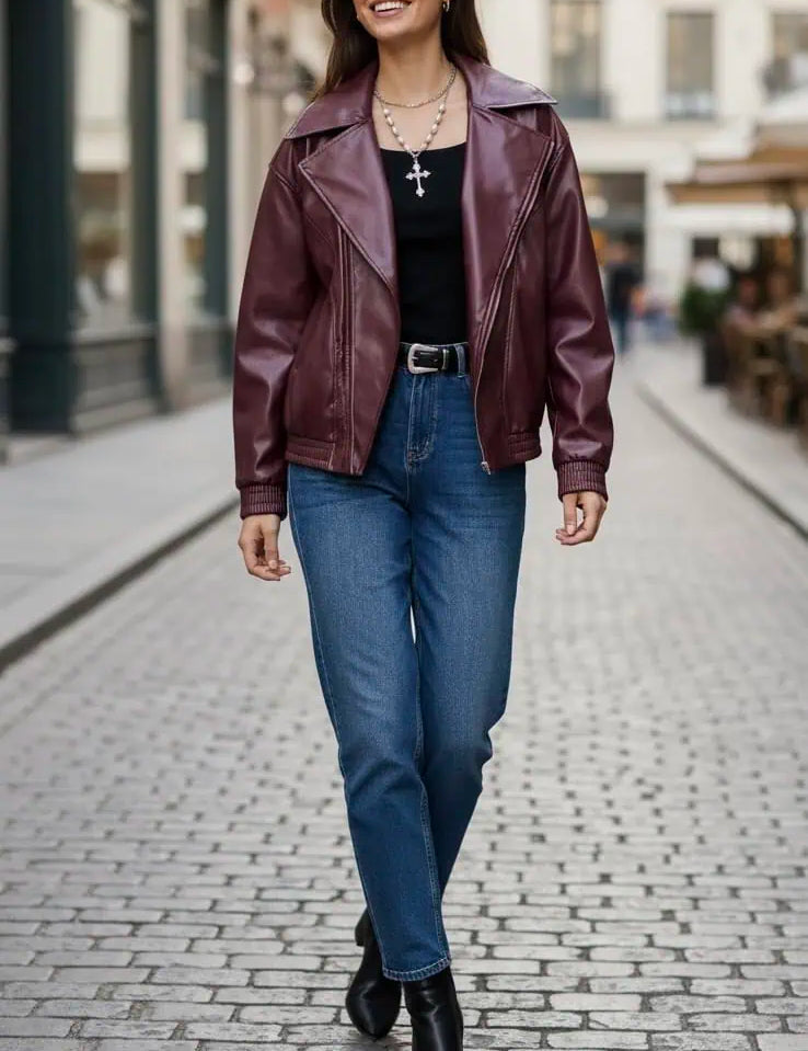 Zip Up Drop Shoulder Faux Leather Jacket | Jackets Daverri Fashions