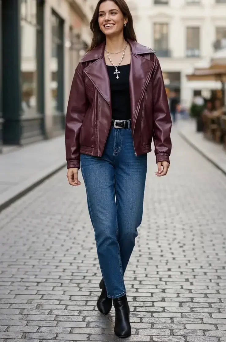 Zip Up Drop Shoulder Faux Leather Jacket - DAVERRI FASHIONS